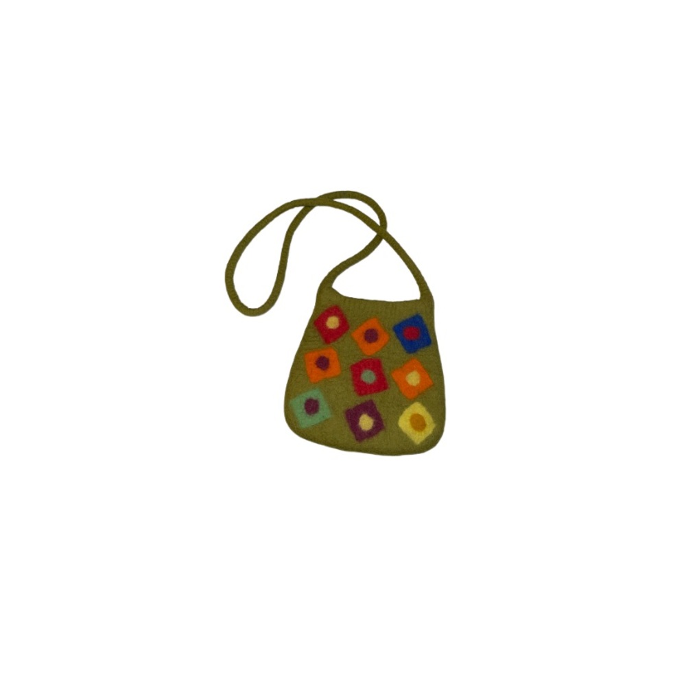 🆕 Handmade Felted Wool Green Hobo Bag with Multicoloured Square Pattern